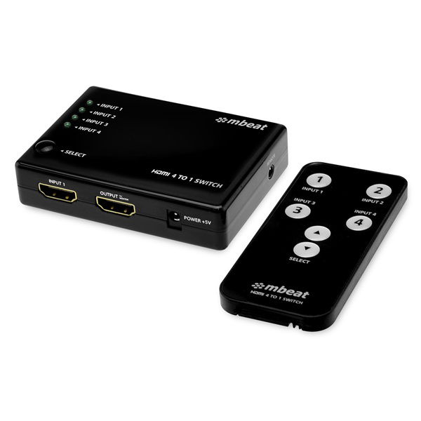 Mbeat 4 Port Powered HDMI Switch with Remote Control and Power Adapter